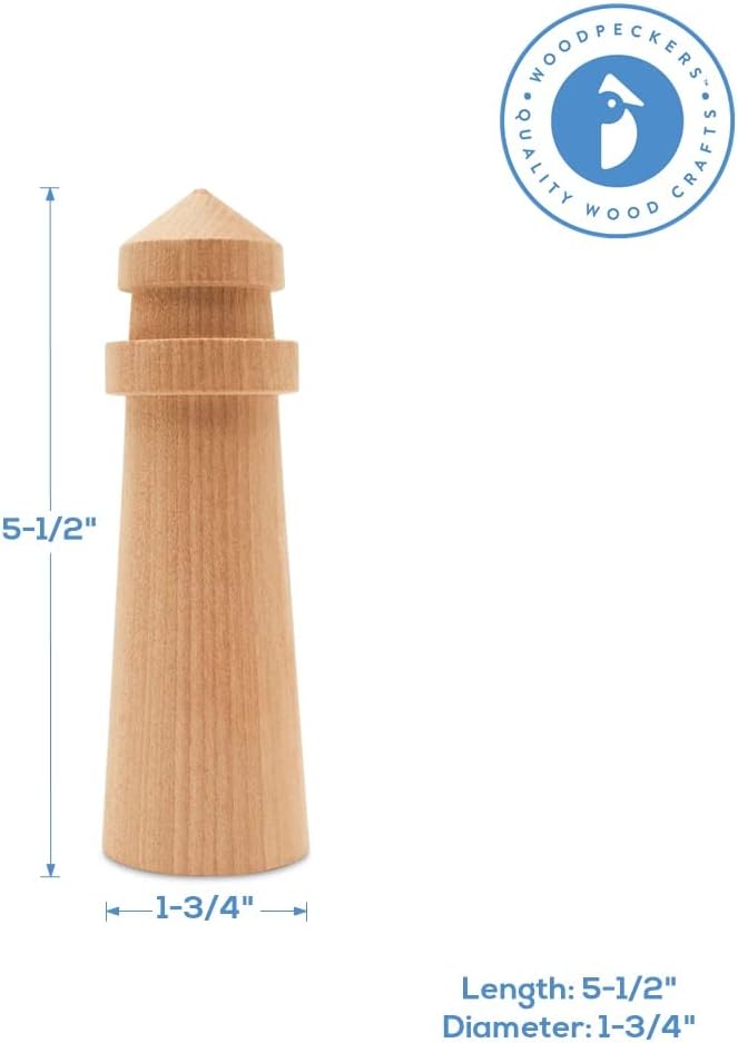 Lighthouse Decorations for Beach Themed Decor, Pack of 5 Wooden Lighthouse Figures, 5" Lighthouse Ornaments, by Woodpeckers