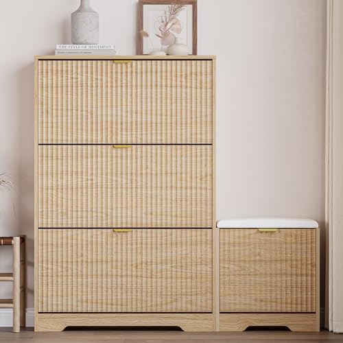 Image of BORNOON Slim Shoe Cabinet with Bench for Entryway, Hidden Storage and Adjustable Shelves, Free Standing Wooden Shoes Organizer for Hallway, Foyer