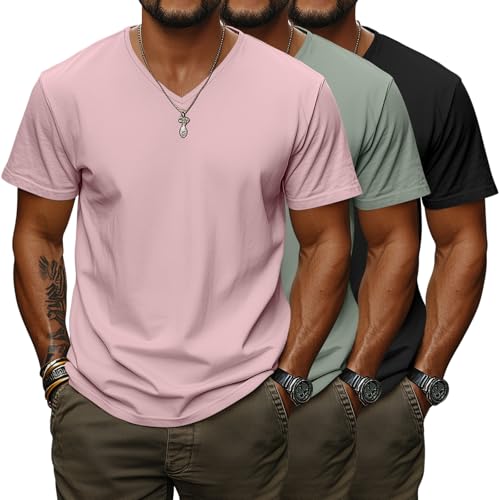 Ficerd 3 Pack Big and Tall V Neck T Shirts for Men 95% Cotton Short Sleeve Loose Fit Casual Basic Tees Summer Soft Tops(3X-Large Black Bean Green Pink)