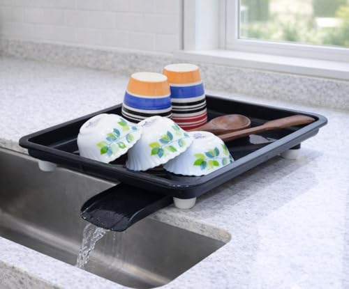 Image of SmartSlide Dish Drainer Tray for Kitchen Sink | Plastic Utensil Drying Tray with Water Drain Spout | Countertop Dish Drying Stand (12 x 17 Inch) (Black)