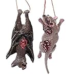 MS.CLEO Halloween Bloody Horror Prop -Bloody Animal Model Pendant, Fake Bat Toy Realistic Animal Shape Pendant Necklace for Halloween Decoration Haunted House Bar Door Window Decor (Bat+Mouse)