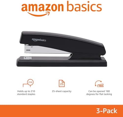 Amazon Basics Desktop Office Stapler, Lightweight, 25 Sheet Capacity, Non-Slip, Black, 3-Pack with 1000 Staples - View 4