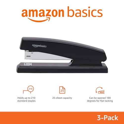 Amazon Basics Desktop Office Stapler, Lightweight, 25 Sheet Capacity, Non-Slip, Black, 3-Pack with 1000 Staples view 2
