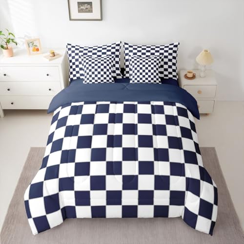 Image of Erosebridal Boys Navy Checkered King Bedding Set 7 Piece White Dark Blue Buffalo Plaid Grid Comforter Set with Sheets,Checkerboard Bed in A Bag for Kids Teen Mengeometrical Gingham Bed Set