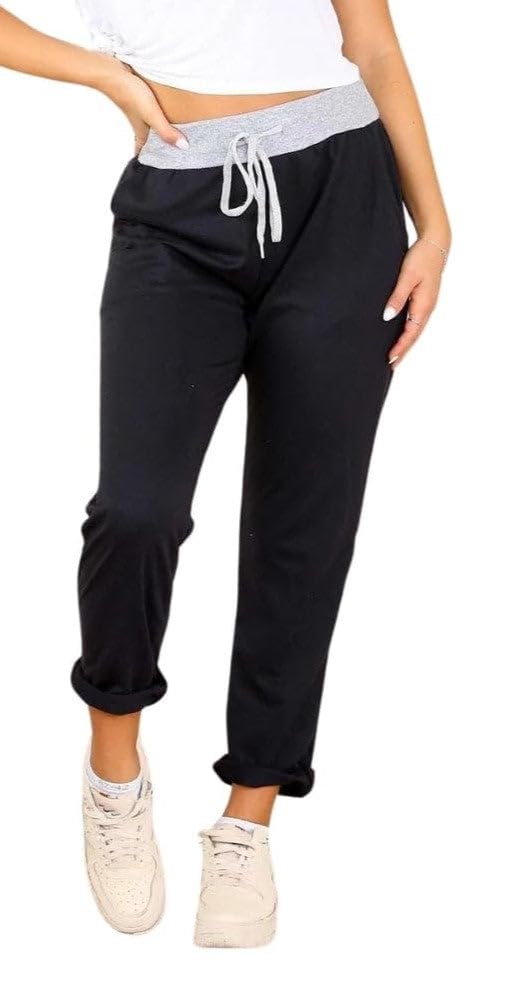Wearall Women's Black Floral Print Drawstring Elasticated Trousers Jogging Bottoms Pants-8-10