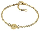 Apartes Gold-Armband für Kinder aus 333 Gold/8 Karat Gold. Die Armkette mit eingearbeiteter Plakette mit polierten Fußabdrücken aus Echt-Gold ist 14 cm lang. Das Armband hat einen sicheren Verschluss