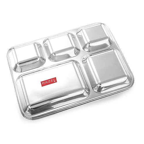 Image of HAZEL Stainless Steel 5 Compartment Mess Plate | Rectangle Bhojan Thali with Square Holes, Set of 1