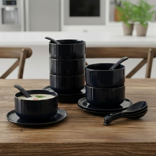 Image of Clay Craft Fine Ceramic 18-Piece Soup Bowl Set | 6 Soup Bowls, 6 Spoons & 6 Under Plates | Striped Glossy Design | 350 Ml | Microwave & Dishwasher Safe | for Serving Soup & Snacks | Midnight Blue