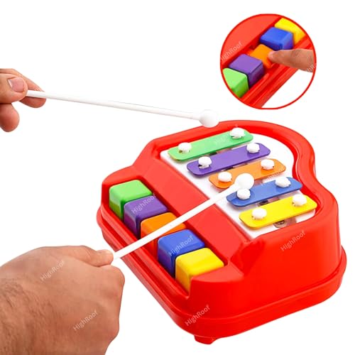Image of 2 in 1 Piano Xylophone Premium Non Toxic Non-Battery 5 Key Scale Musical Instrument Mini Piano Toy for Kids Toddlers (Color Red)