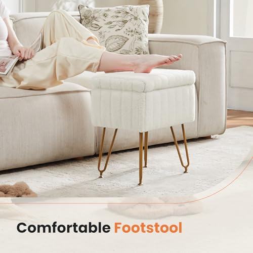 Sweetcrispy Vanity Stool Chair with Storage, Ottoman Faux Fur Soft Padded Makeup Footstools Seat with 4 Metal Legs Anti-Slip Adjustable Feet Modern Cute Small Footrest for Home Entryway Bedroom White by Sweetcrispy - Image 2