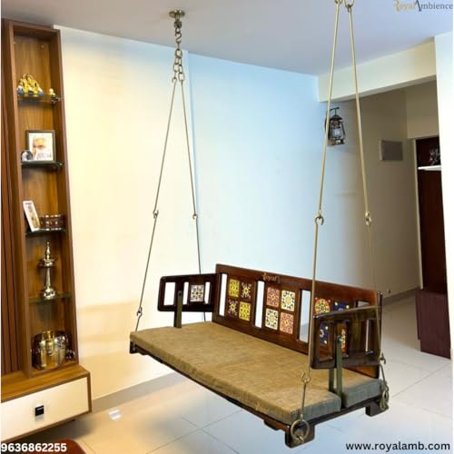 Image of Wooden /Jhula Reversible Tile with Brass Coated Chain Swing Without Cushion- Mannu (64 inch)
