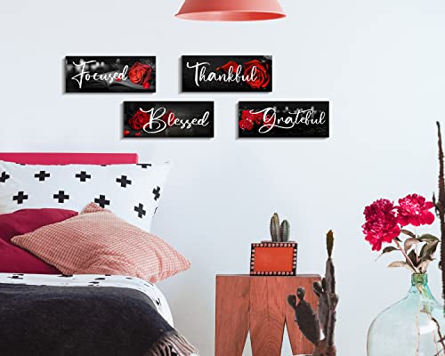 Creoate Rose Motivational Wall Decor Art, 4 Pieces - Focused Grateful Blessed Thankful Wood Signs Inspirational Wall Art Plaque Decor For Home Office, Bedroom, Living Room Decor, Gift For Women (4X10 Inch X4Pcs) #TOP5