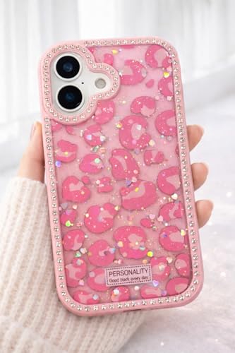 COVERLUXE Compatible with iPhone 16, Leopard Print Glitter Phone Case, Cute Shockproof Back Cover with Rhinestone Border, Slim Protective Stylish Case for Girls & Women (Pink)