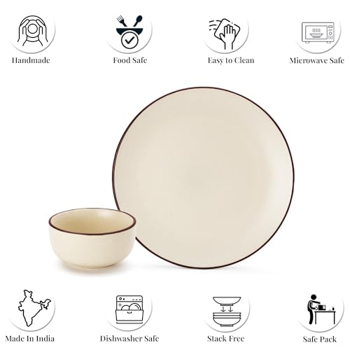 Image of Bodhi House Solid Handcrafted Stoneware Ceramic Dinner Set, Dish Set Serving, Microwave and Dishwasher Safe, Bone-ash Free, Crockery Set for Dining and Gifting (Off-WHT, Pack of 18 (6F+12K))