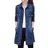 ZOCANIA Women's Denim Jaket Embroidery Button Dwon Long Sleeve Midi Jean Jacket Lapel Collar Oversized Trench Coats Shacket Slim Fit Spring Fall Overcoat with Pockets,L
