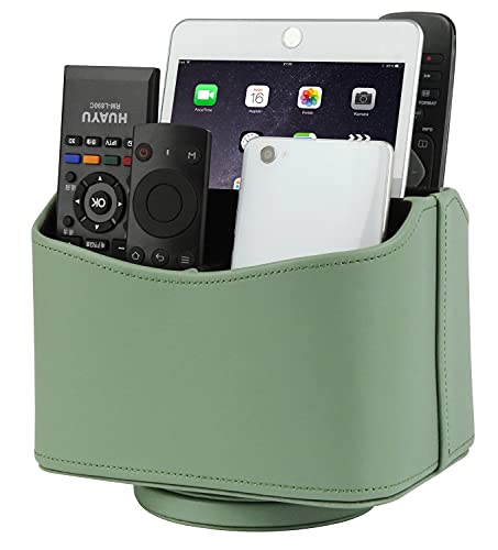 HofferRuffer Organizador de escritorio de piel sintética, mando a distancia, soporte giratorio con 5 contenedores, compartimento para guía de televisión, CD, organizador de archivos (verde claro) Cover