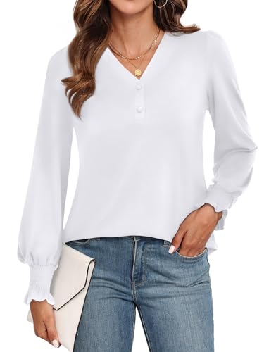 Image of WEACZZY Women's Tops Winter Fashion Puff Long Sleeve Button V Neck Blouses for Women Dressy Casual Loose Tunic Shirts 2025,White,M