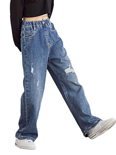 Girls Casual Loose Elastic Waistband Ripped Jeans Denim Cropped Trousers with Pockets Distressed Jeans2