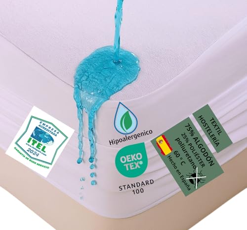 HaraDeco Protector Colchón Hostelería Silencioso Sin Ruido Impermeable y Transpirable, Rizo Algodón Oeko-Tex® Hipoalergénica Antiácaros, Fabricado Nacional(Cama 105x190/200cm+32cm)