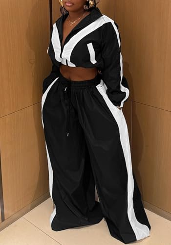 Women Sweatsuits 2 Piece Outfit Color Block Crop Zipper Tops & Elastic Waist Wide Leg Pants Sets Streetwear Tracksuit2