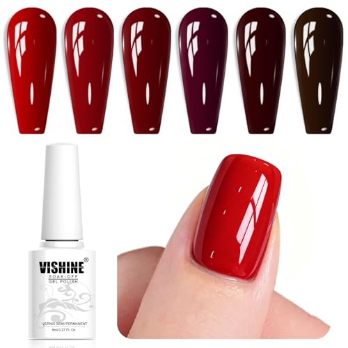 Vishine Lot de 6 Vernis à Ongles Gel Semi Permanent série Rouge foncé Bordeaux Soak Off UV LED Gel Polish pour Nail Art Kit