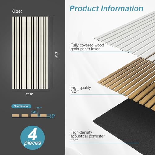 Image of Wood Slat Acoustic Wall Panels, White, 4 Pack, 47.2 x 23.6 in