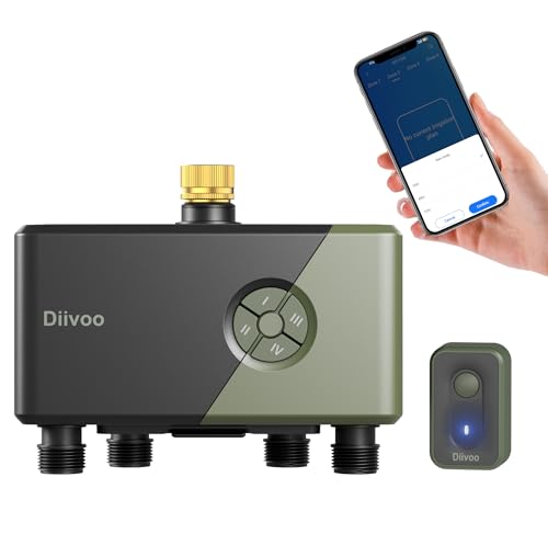Diivoo WiFi Water Timer 4 Outlets with Brass Inlet | Smart Sprinkler/Hose/Tap Timer Compatible with Alexa, 24 Irrigation Plans, Rain Delay & 2 Modes | Garden Watering Controller for Lawn Yard