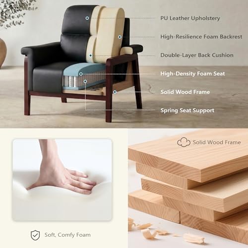Image of STHOUYN Oversized Leather Accent Chair, Mid Century Modern Office Arm Chair with Solid Wood Legs & High Backrest, Comfy Upholstered Side Sofa Chair for Living Room, Waiting Room, Bedroom (1, Black)