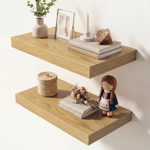 Image of Dreamland 16 Inches Floating Shelves for Wall, 9.3 inch Deep Long Floating Shelves Set of 2, Large Display & Storage Shelf, Wall Shelf for Bathroom Bedroom Living Room Kitchen Office, Oak