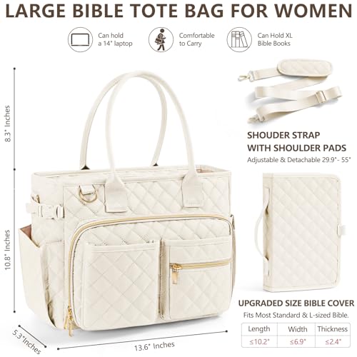 Image of Large Bible Bag with Bible Cover Case for Women, Quilted Church Tote Bag Carrying Case w /Shoulder Strap, Bible Study Supplies Journaling Kit Accessories, Christian Gift for Women Mom Friends Teacher