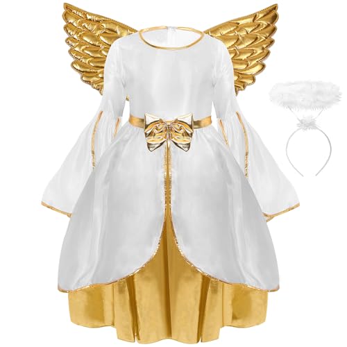 Maazusa Disfraz de ángel para niña, juego de vestido largo de oro blanco con cinta para la cabeza, alas doradas, disfraz de ángel para Halloween, Navidad, fiestas temáticas (130)