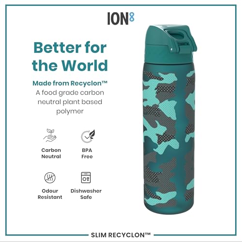 ION8 Water Bottle, 500ml/18oz, Slim Leak-proof & BPA-Free Drinking Bottle, Secure Lock Prevents Spills, Dishwasher Safe, Carry Handle, Ideal for Adults & Kids - Travel, Gym & School, Aqua, Camo Design - 6