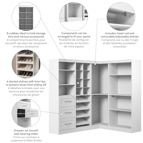 Bestar Pur Walk-in Closet Organizer with Drawers and Shelves, Wardrobe Storage Cabinet for Bedroom, Entryway, Mudroom, 83W, White - Thumbnail 5