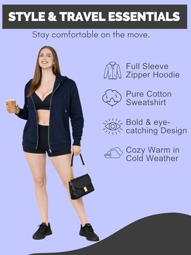 Image of Women's Solid Zipper Hooded Sweatshirt | Front Zip, Ribbed Hem, Lined Hood, Casual Winter Wear Jacket, Pure Cotton Hoodies Soft, Lightweight, Warm & Stylish Kangaroo Pocket