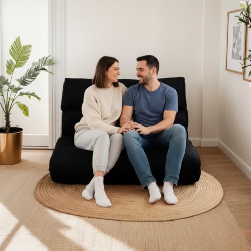 Confort Linens - Futon Casal Sofá Cama Dobrável 128x188cm Cor Preto, Espuma Hiper Soft, Capa Removível e Lavável em Suede, Multiuso.