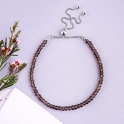 Aa Natural Smoky Quartz Gemstones Beads Bolo Bracelet Minimalist Jewelry Chakra Healing Crystals Rhodium Plated 925 Sterling Silver Adjustable Slider Chain 10Inch Christmas Day Gift #TOP2