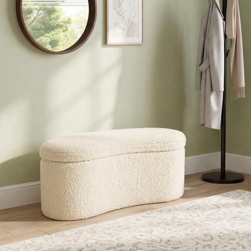 Image of Zesthouse Storage Bench for Bedroom End of Bed, 39.4 inch Small Curved Entryway Ottoman Bench, White Sherpa Fabric Bench Seat for Living Room Hall Mudroom, Modern Upholstered Coffee Table Crescent Shape