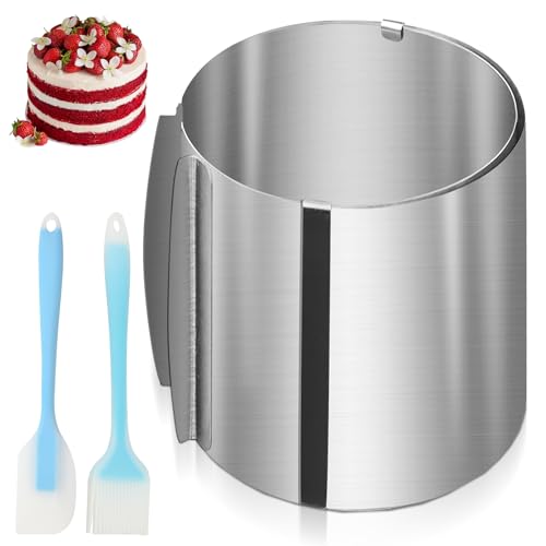VEGOATY Anello per torta regolabile, altezza 20 cm, regolabile da 16 a 30 cm, in acciaio inox, resistente al calore, anello rotondo con pennello e spatola per cuocere e decorare