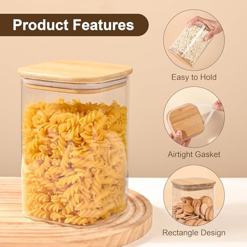 Image of MARTVIA Glass Food Storage Jars with Bamboo Lids 1200ml Set of 6, Wide Mouth Lid Jar for Home Kitchen,Flour, Sugar, Coffee, Pasta, Oats, Grains, Cookies, Snacks (Sqaure 1200 ML Jar, SET OF 6)