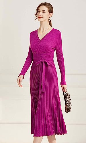 Image of Women's Long Sleeve Sweater Dress Ankle Length Fall Dress Vneck Knit Winter Dress