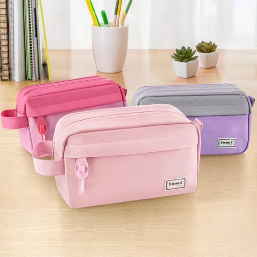 Image of Sooez Original High Capacity Pencil Case, Big Pencil Bag Pouch Box Organizer Pen Case, Aesthetic Supply for Girls Adults, Portable Journaling Supplies with Easy Grip Handle & Loop, Pink