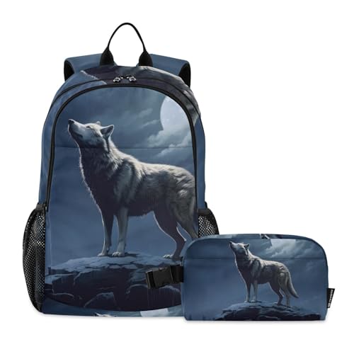 Wolf Moonlight Backpack Lunch Bag Set for Travel Hiking Picnic, Backpacks with Insulated Lunch Box