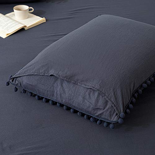Navy Blue Pom Poms Pillowcases, Navy Pillowcases Set of 2, 100% Washed Microfiber, Soft Dark Blue Pillow Shams King, 2 Pack (King, Navy Blue)