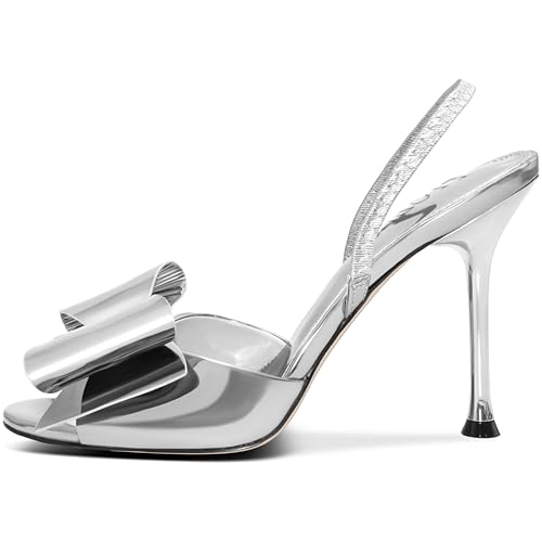Image of Satin High Heels Slingback Open Toe Mules Sandals Bow Stiletto Sexy Heels Comfortable Wedding Party Shoes