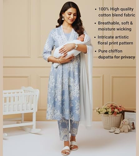 Image of DUMMY SHAPE Maternity Dresses for Women Cotton | Floral Kurta Pant Dupatta Set with Nursing Zippers, Side Pocket | Pre & Post Pregnancy | Feeding Kurti Suit | Baby Shower | Gifts for Pregnant Woman