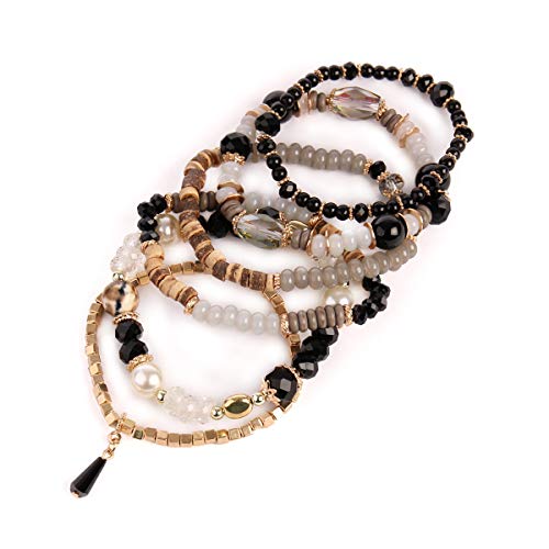 RIAH FASHION Bead Multi Layer Versatile Statement Bracelets - Stackable Beaded Strand Stretch Bangles Sparkly Crystal Mix, Tassel Charm2