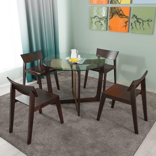 Image of Sheesham Wood 4 Seater Round Dining Table with 4 Cushion Chair for Living Room Home Solid Wood Glass Top Dining Table Set for Restaurants Hotels Wooden Dining Furniture (Walnut Finish)