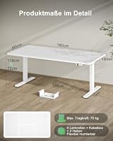 Devoko Höhenverstellbarer Schreibtisch 180x80cm mit Typ-C Ladeanschluss, Schreibtisch Höhenverstellbar Elektrisch, Mobiler Elektrisch Computertisch mit Kabel Management Tray, Weiß – Ansicht 2