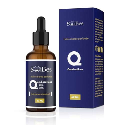 SoiBes Aceite barba hombre 50ml - Quad-Actions : Hydrata, protege, promueve el crecimiento de los vellos y perfume - con aceite de ricino