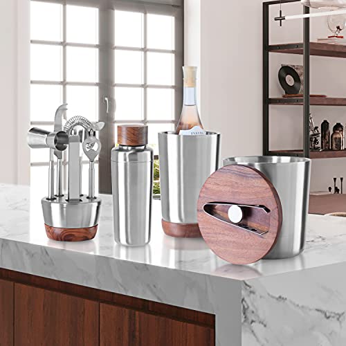 Oggi Modernist Stainless Steel Bar Tool Set W/Wood Accent- Ideal Bar Accessories, Cocktail Set, Bar Set, Bar Cart Décor; Includes Bar Knife, Ice Tongs, Drink Strainer, Double Jigger & Cap/Can Opener #TOP5